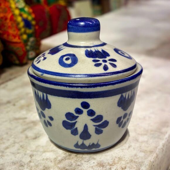 Vintage Pintado A Mano DITE Mexico Stoneware Pottery Sugar Bowl 4 5/8” Tall - Picture 1 of 11